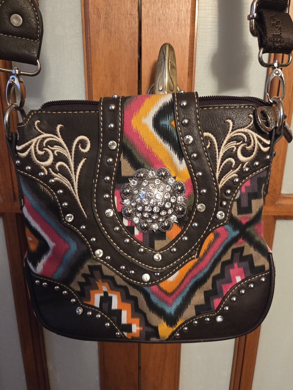 Western Boho Embroidered Crossbody Bag with Rhinestone Accent By Montana West